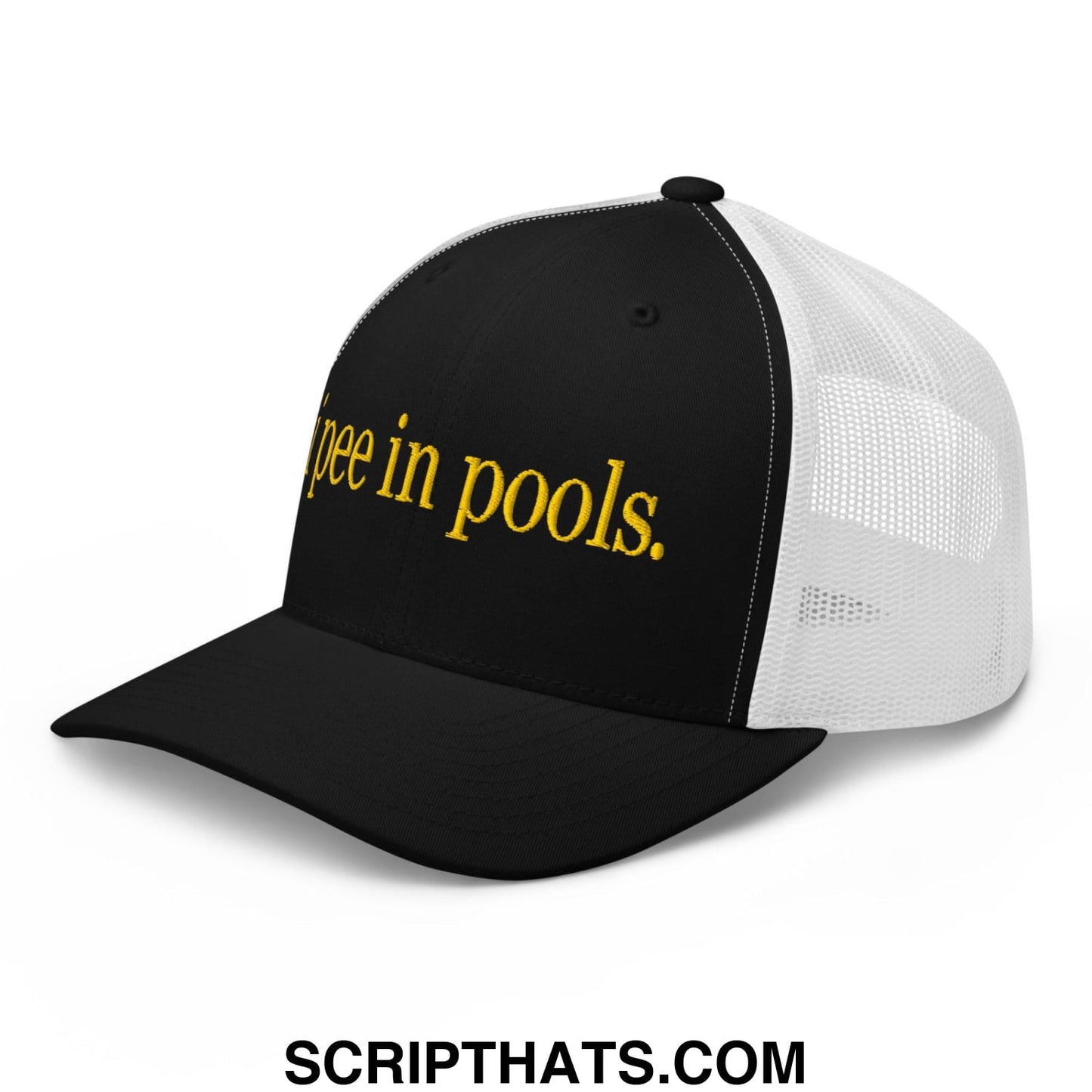 I Pee in Pools Embroidered Mesh Trucker Hat Black White