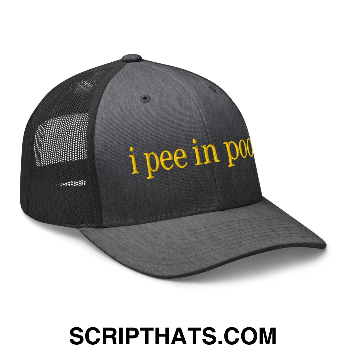 I Pee in Pools Embroidered Mesh Trucker Hat Dark Heather Gray