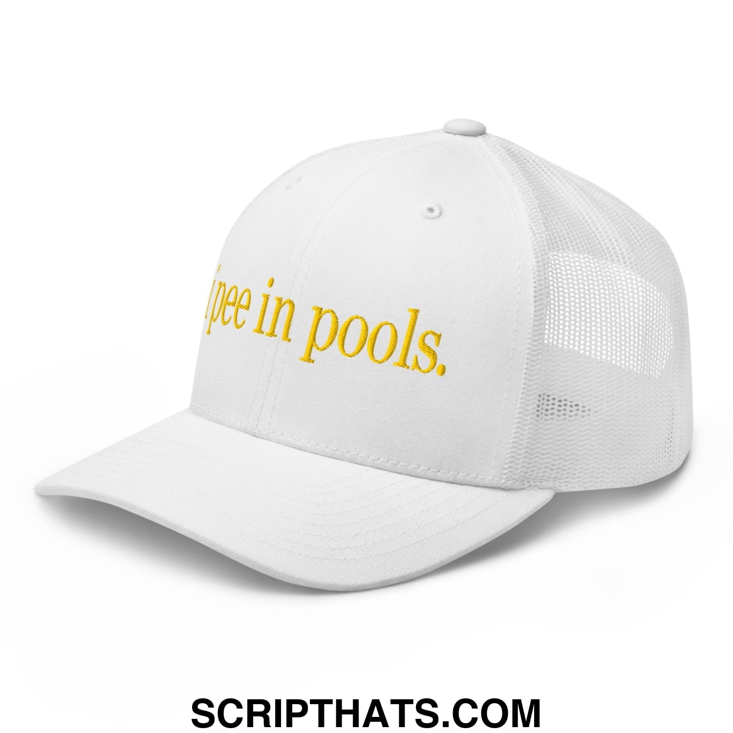 I Pee in Pools Embroidered Mesh Trucker Hat White