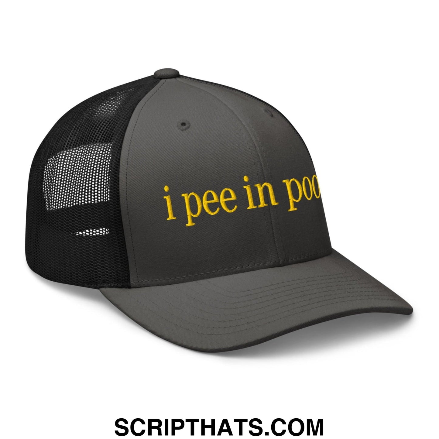 I Pee in Pools Embroidered Mesh Trucker Hat Charcoal Black