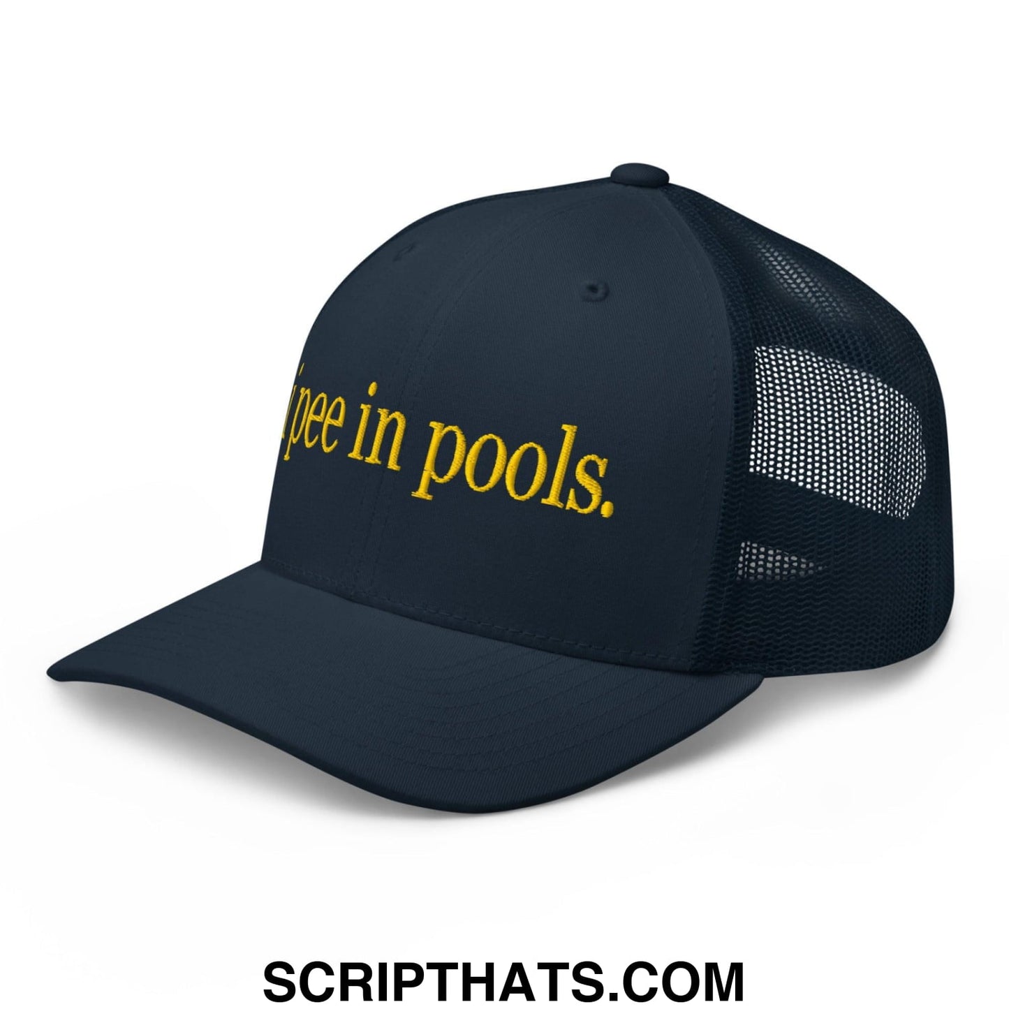 I Pee in Pools Embroidered Mesh Trucker Hat Navy