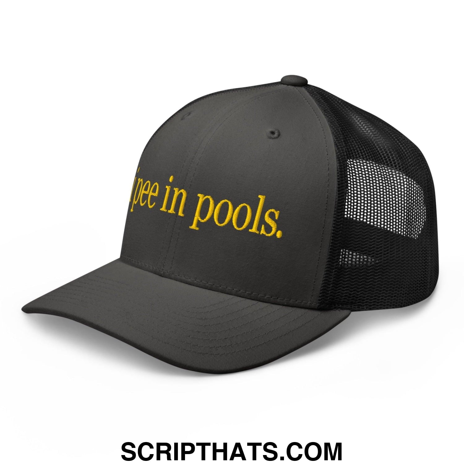 I Pee in Pools Embroidered Mesh Trucker Hat Charcoal Black