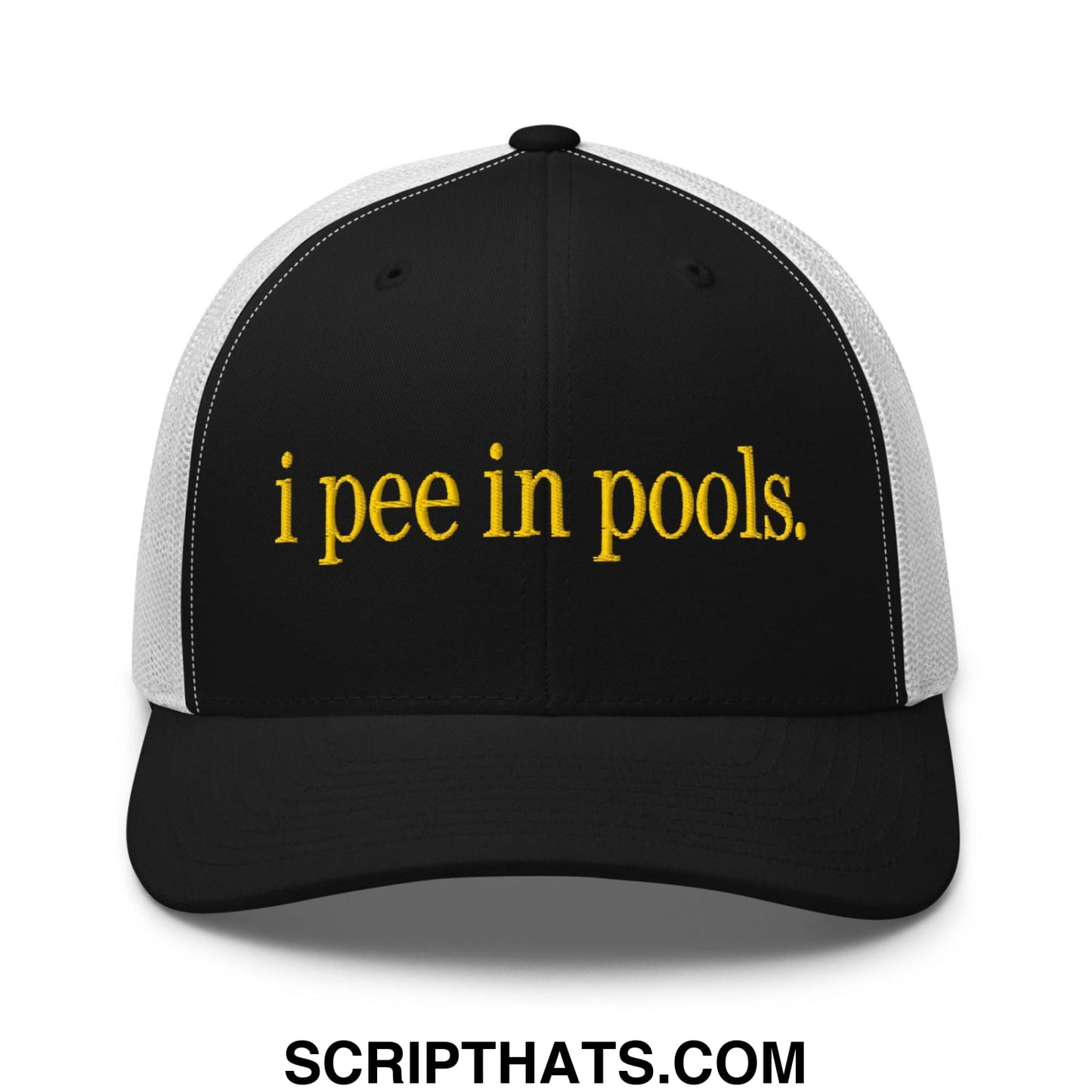 I Pee in Pools Embroidered Mesh Trucker Hat Black White