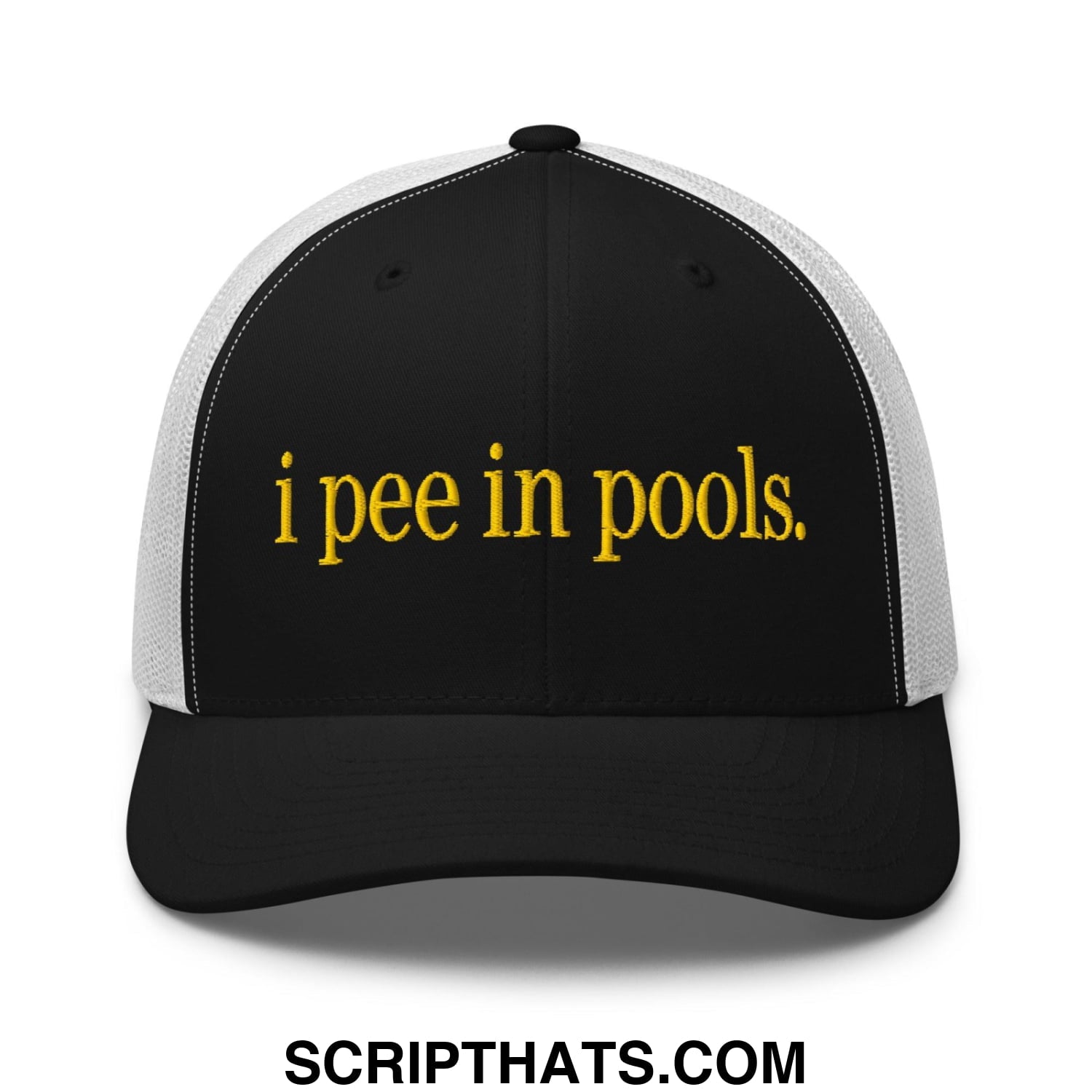 I Pee in Pools Embroidered Mesh Trucker Hat Black White