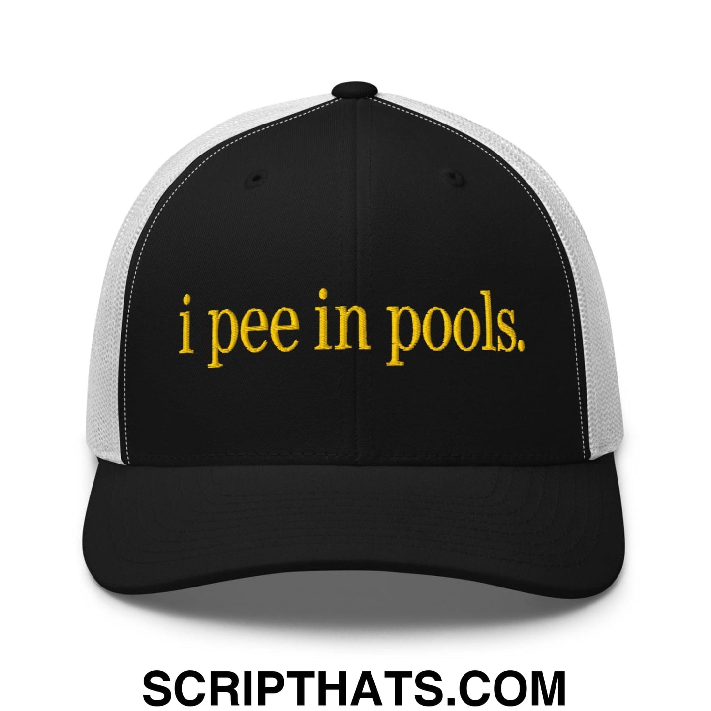I Pee in Pools Embroidered Mesh Trucker Hat Black White