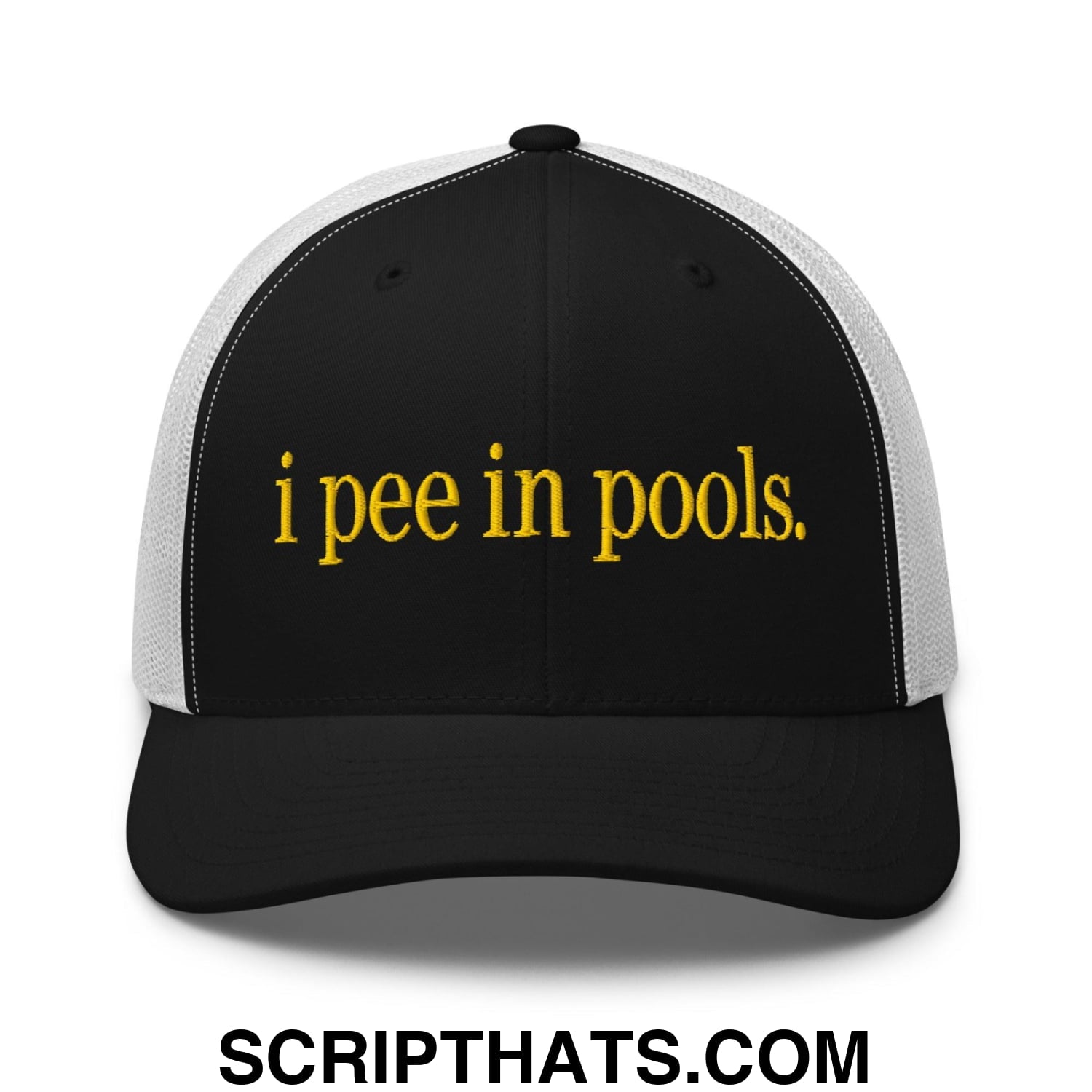 I Pee in Pools Embroidered Mesh Trucker Hat Black White