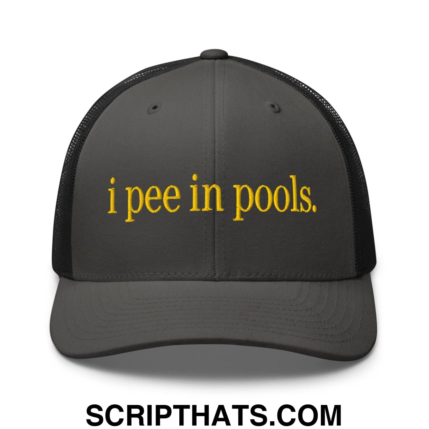 I Pee in Pools Embroidered Mesh Trucker Hat Charcoal Black
