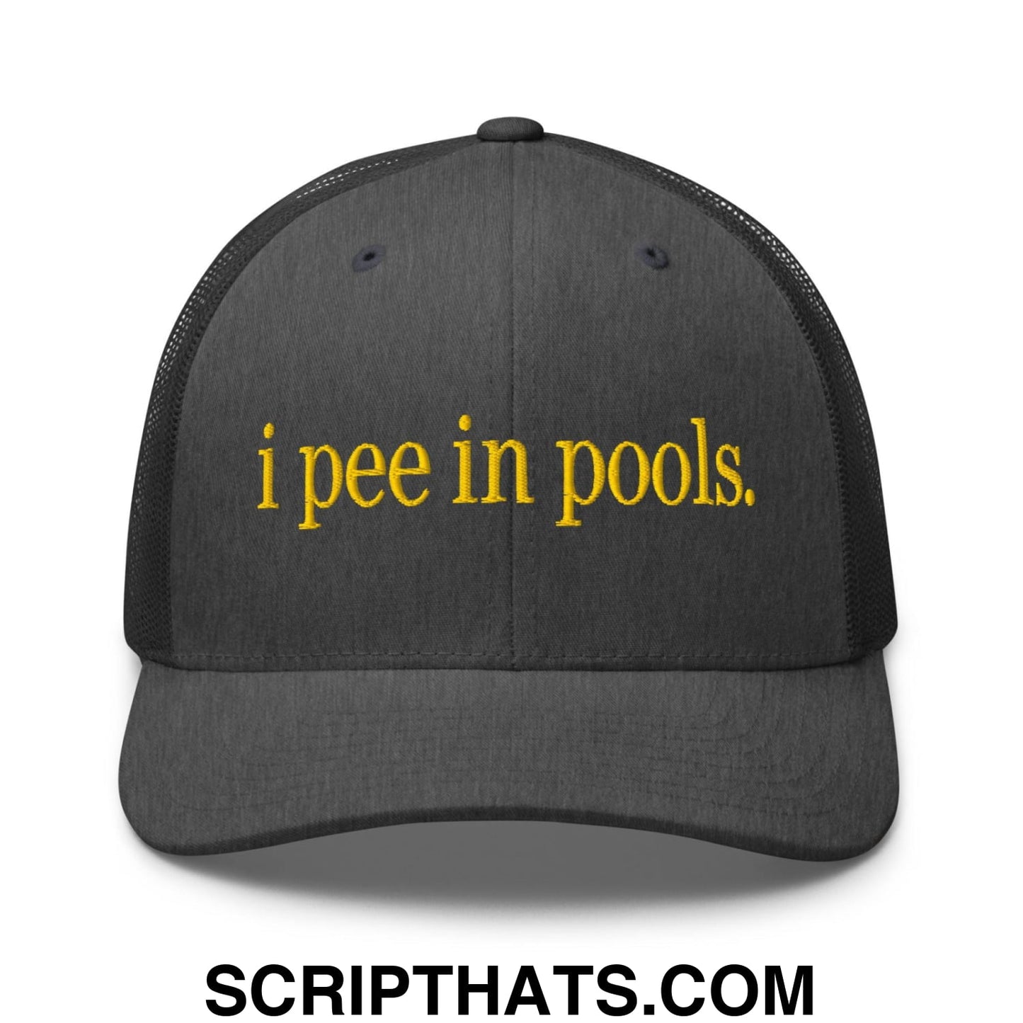 I Pee in Pools Embroidered Mesh Trucker Hat Dark Heather Gray