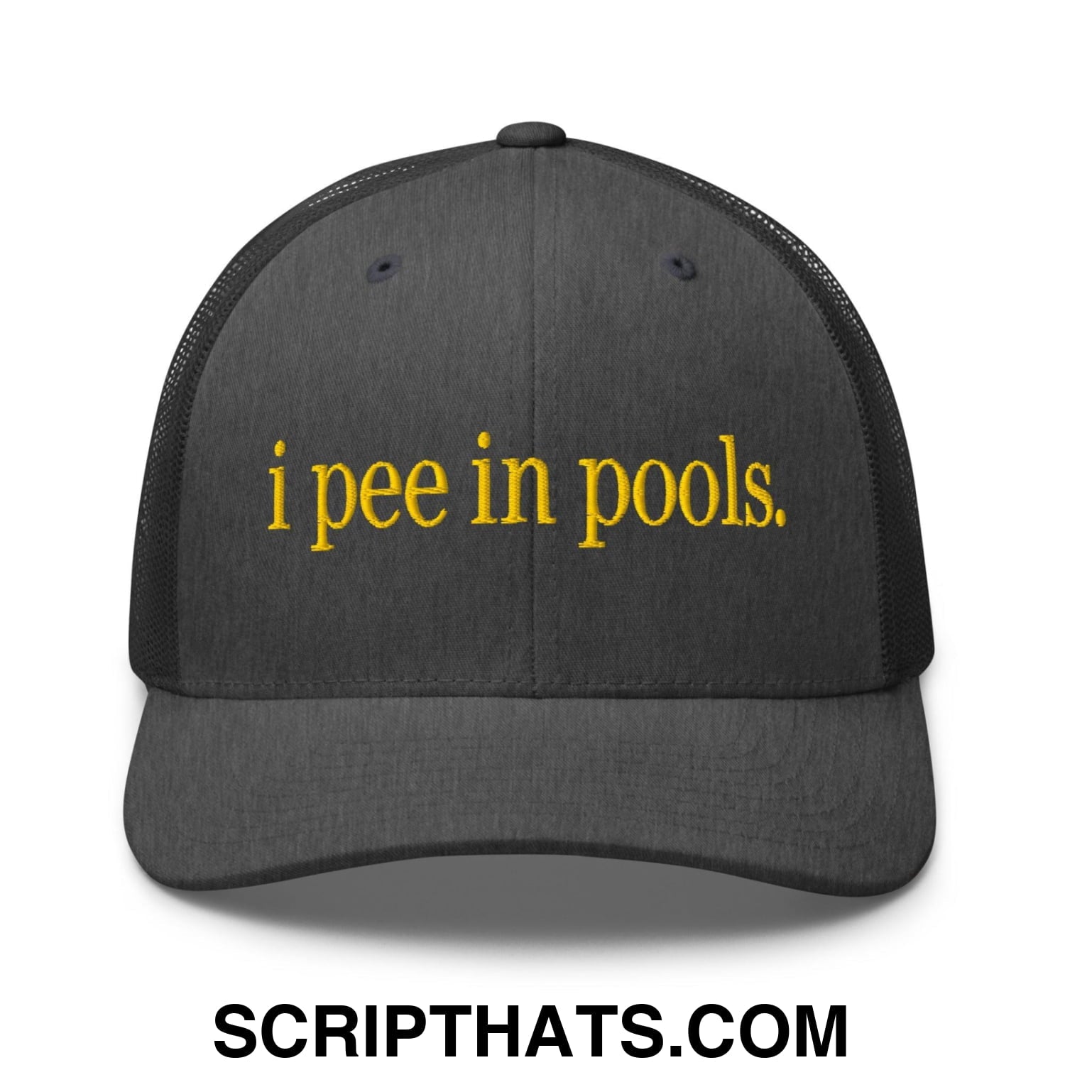 I Pee in Pools Embroidered Mesh Trucker Hat Dark Heather Gray