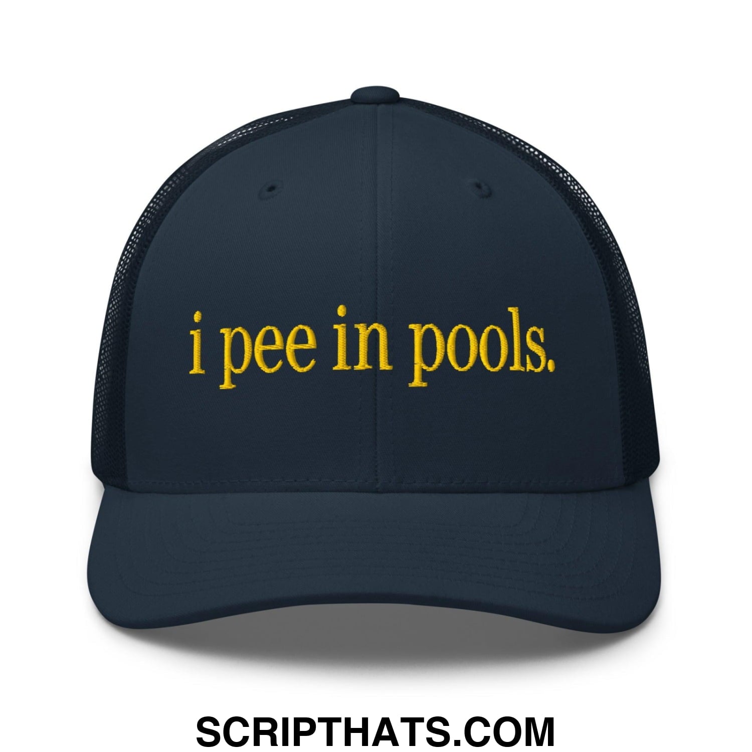 I Pee in Pools Embroidered Mesh Trucker Hat Navy