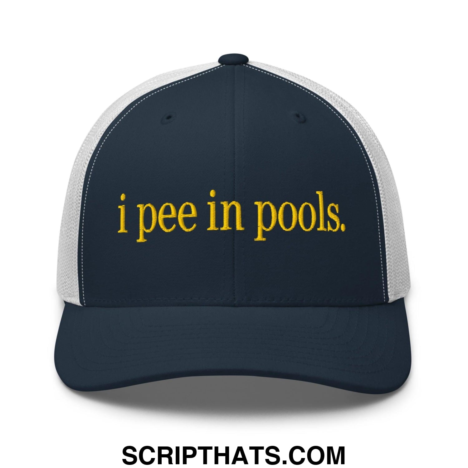 I Pee in Pools Embroidered Mesh Trucker Hat Navy White