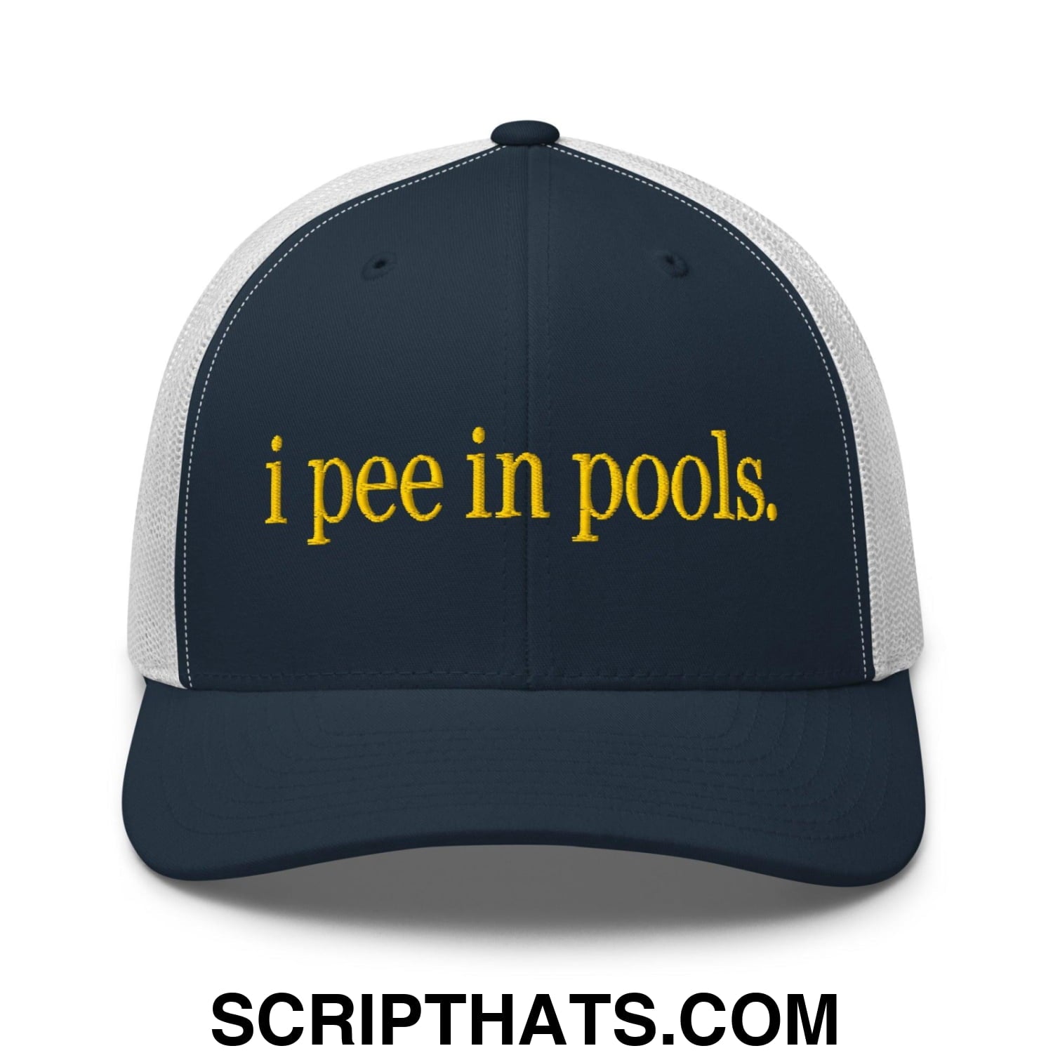 I Pee in Pools Embroidered Mesh Trucker Hat Navy White