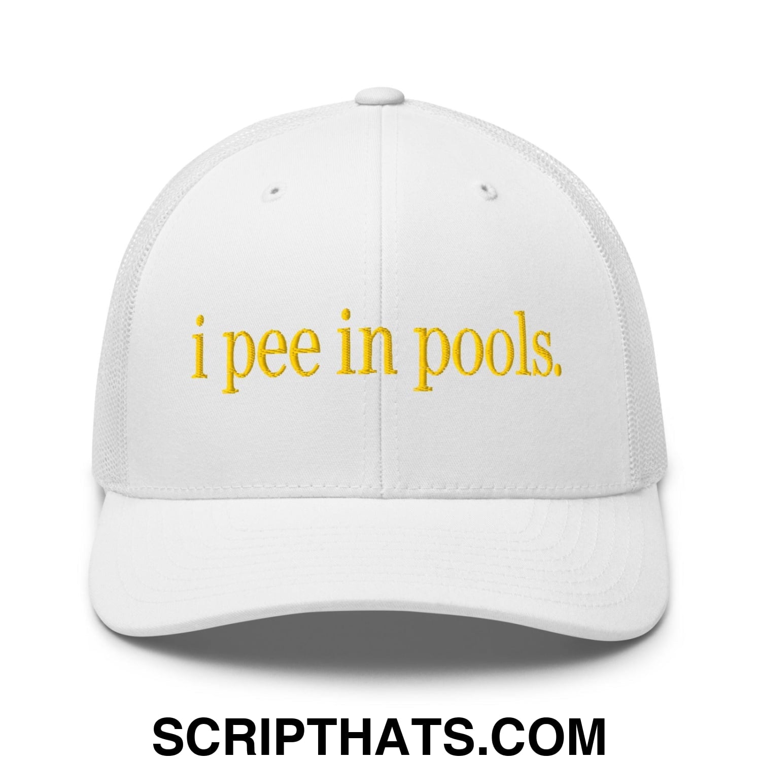 I Pee in Pools Embroidered Mesh Trucker Hat White