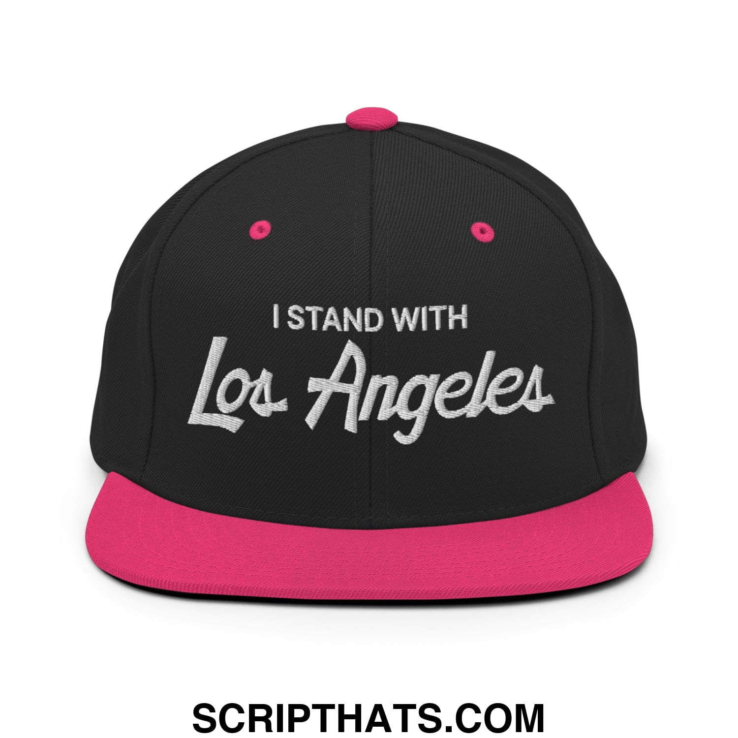 Black snapback cap with vibrant pink brim and silver embroidered i stand with los angeles text flat bill brim