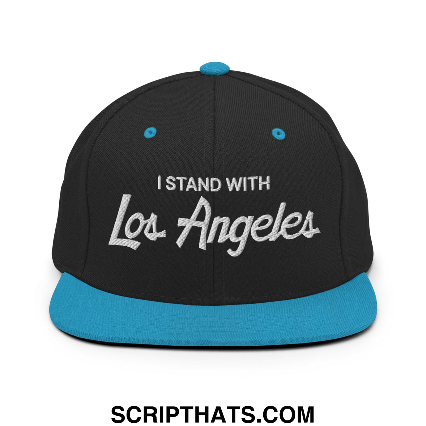 Black snapback cap with teal brim and button featuring white embroidered i stand with los angeles vintage script text