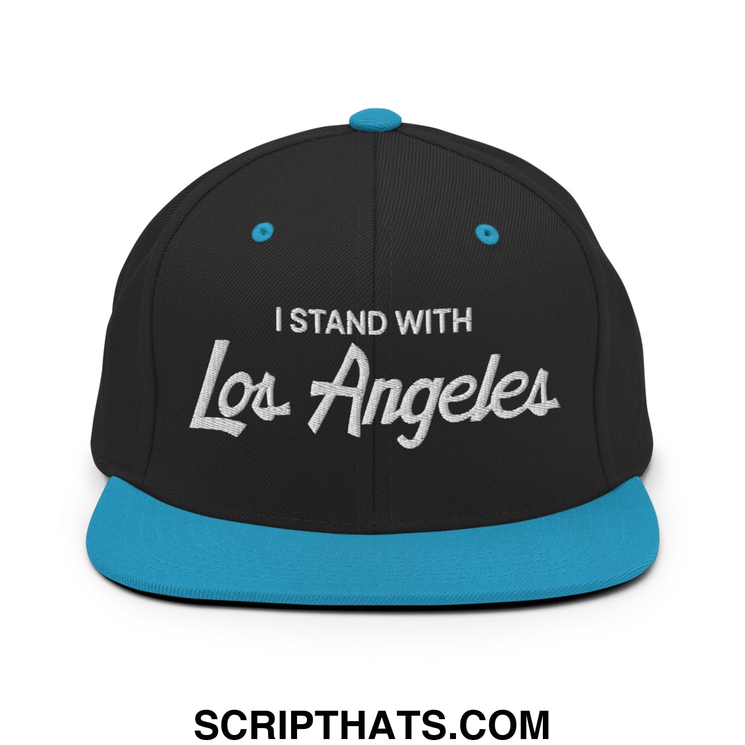 Black snapback cap with teal brim and button featuring white embroidered i stand with los angeles vintage script text