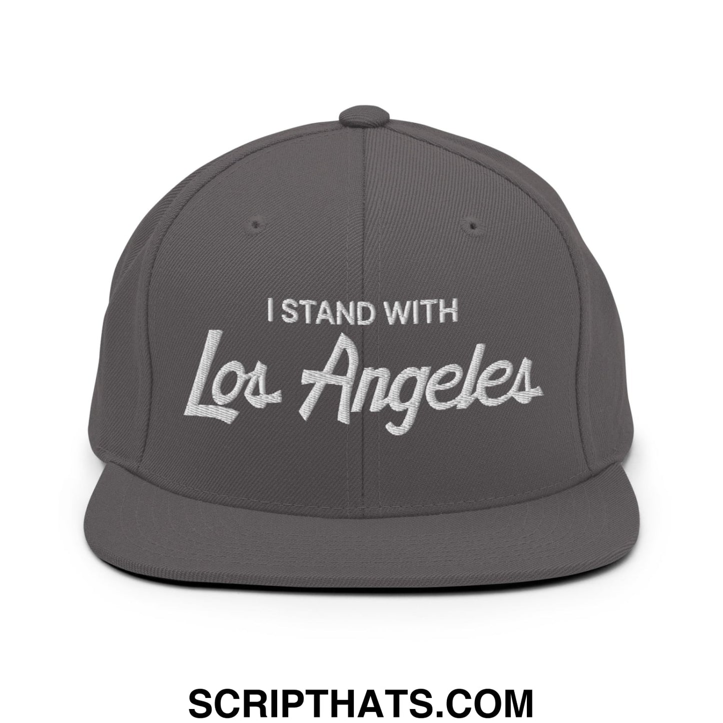 Gray snapback cap with white embroidered vintage script text i stand with los angeles on flat bill brim