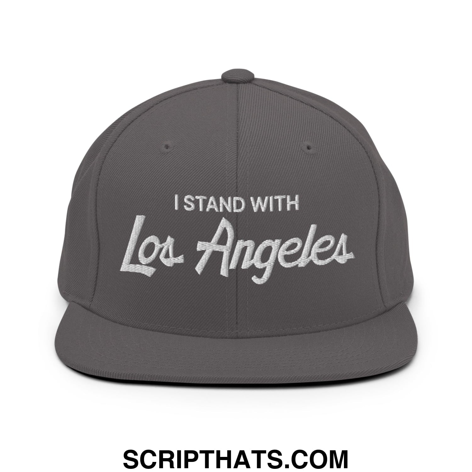 Gray snapback cap with white embroidered vintage script text i stand with los angeles on flat bill brim
