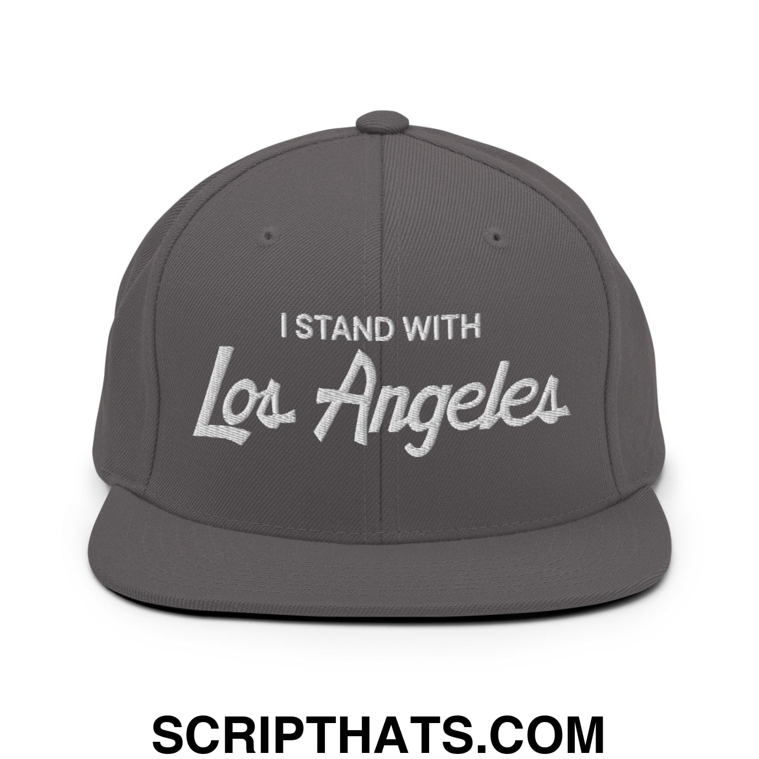 I Stand With LA Los Angeles Vintage Sports Script Embroidered Flat Bill Brim Snapback Hat Dark Grey