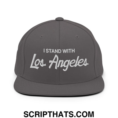 I Stand With LA Los Angeles Vintage Sports Script Embroidered Flat Bill Brim Snapback Hat Dark Grey
