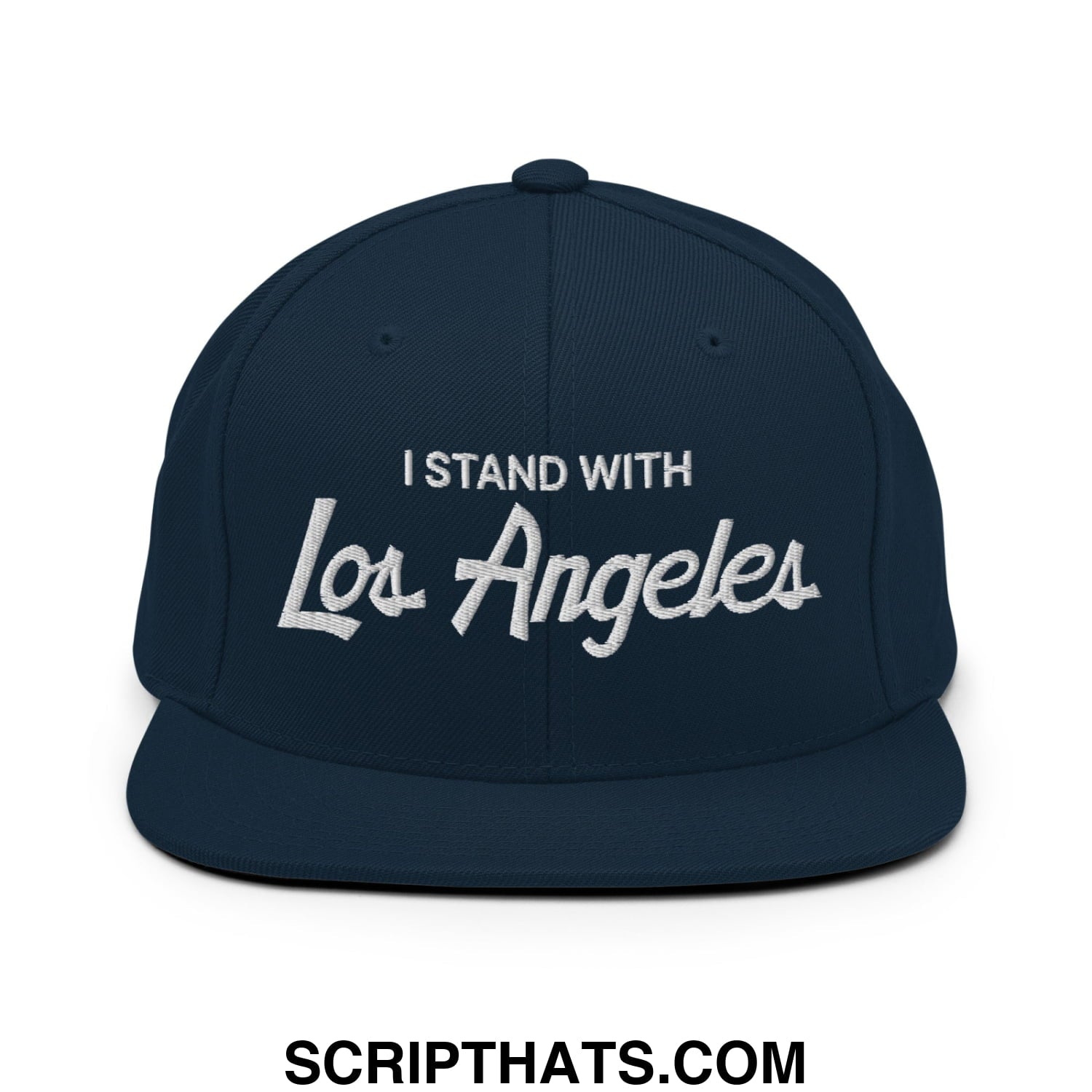Navy blue snapback hat with white embroidered i stand with los angeles vintage sports script design