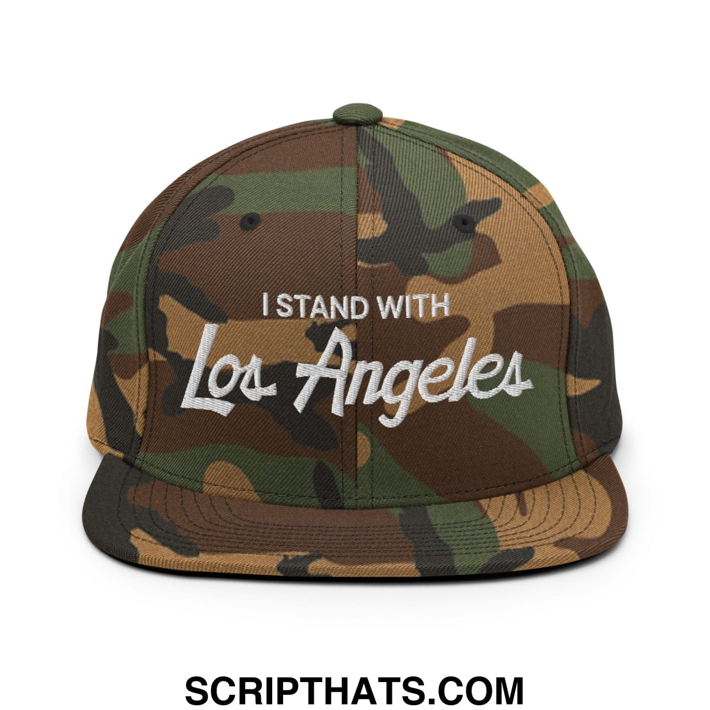 Camouflage snapback cap with white embroidered i stand with los angeles text vintage sports script flat bill brim