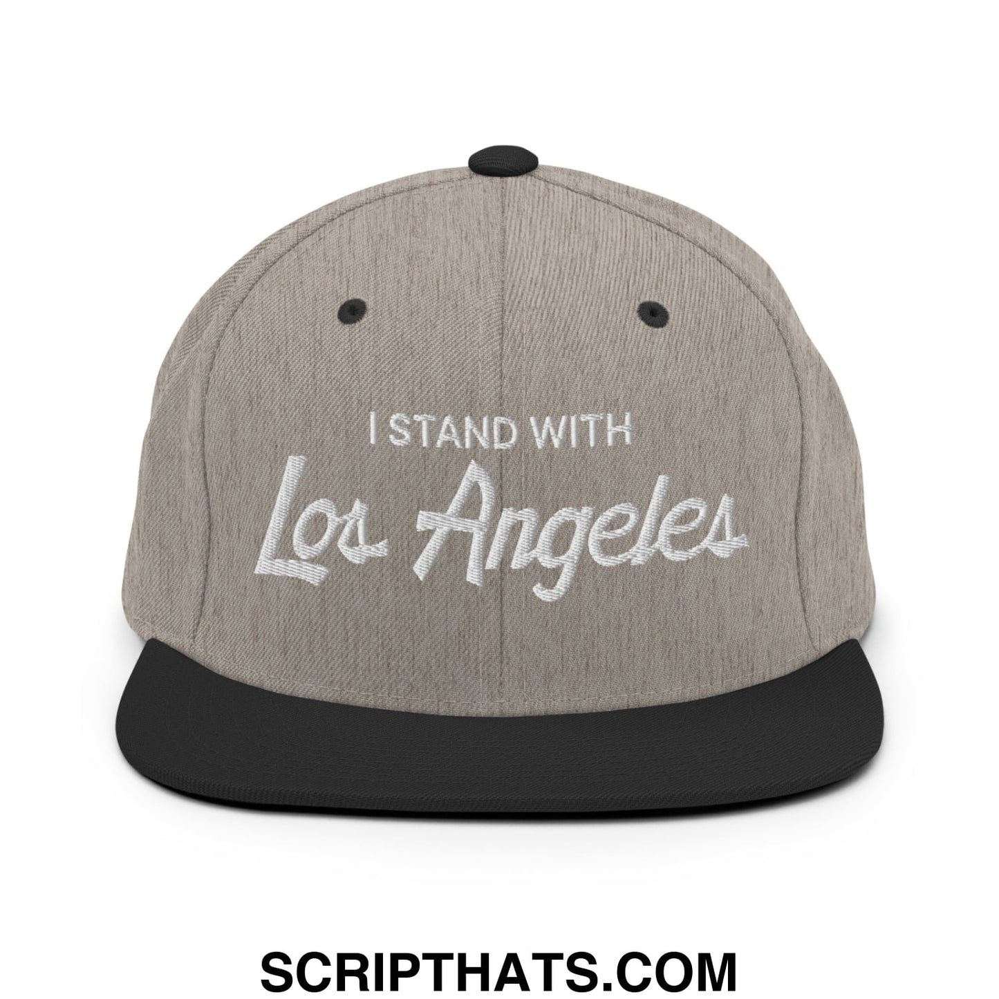 Gray and black snapback cap with white embroidered i stand with los angeles text and flat bill brim