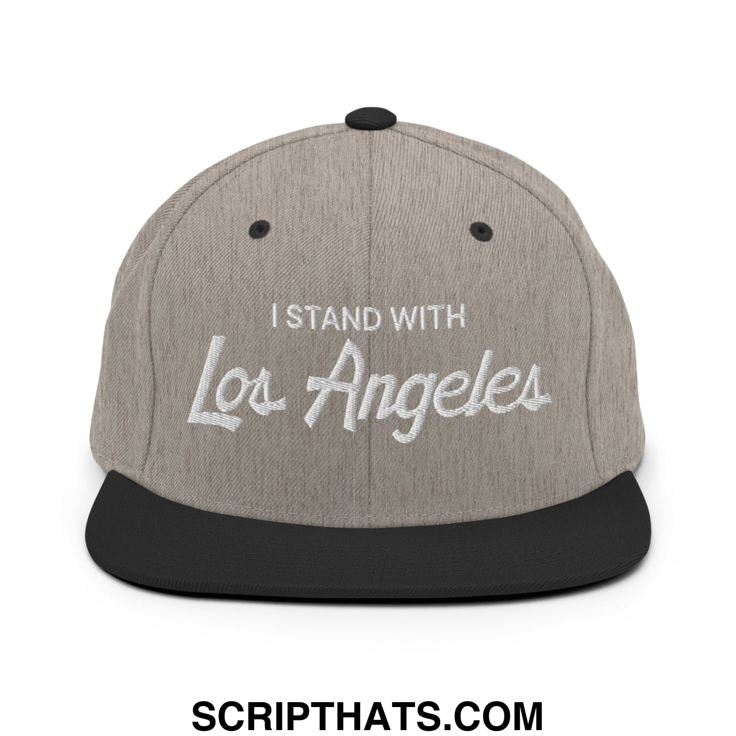 Gray and black snapback cap with white embroidered i stand with los angeles text and flat bill brim