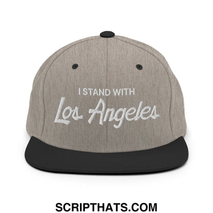 Gray and black snapback cap with white embroidered i stand with los angeles text and flat bill brim