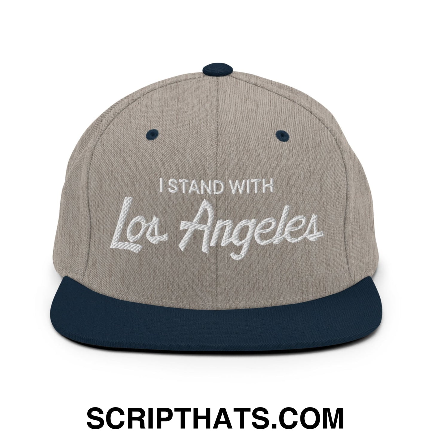 I Stand With LA Los Angeles Vintage Sports Script Embroidered Flat Bill Brim Snapback Hat Heather Grey Navy