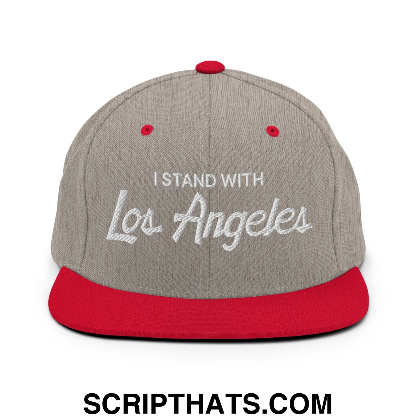 I Stand With LA Los Angeles Vintage Sports Script Embroidered Flat Bill Brim Snapback Hat Heather Grey Red