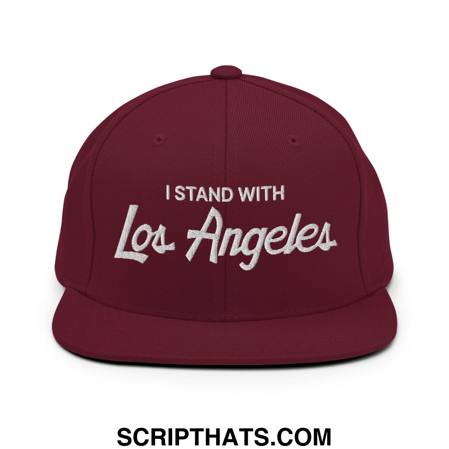 Maroon snapback hat with white embroidered i stand with los angeles text flat bill brim vintage sports style