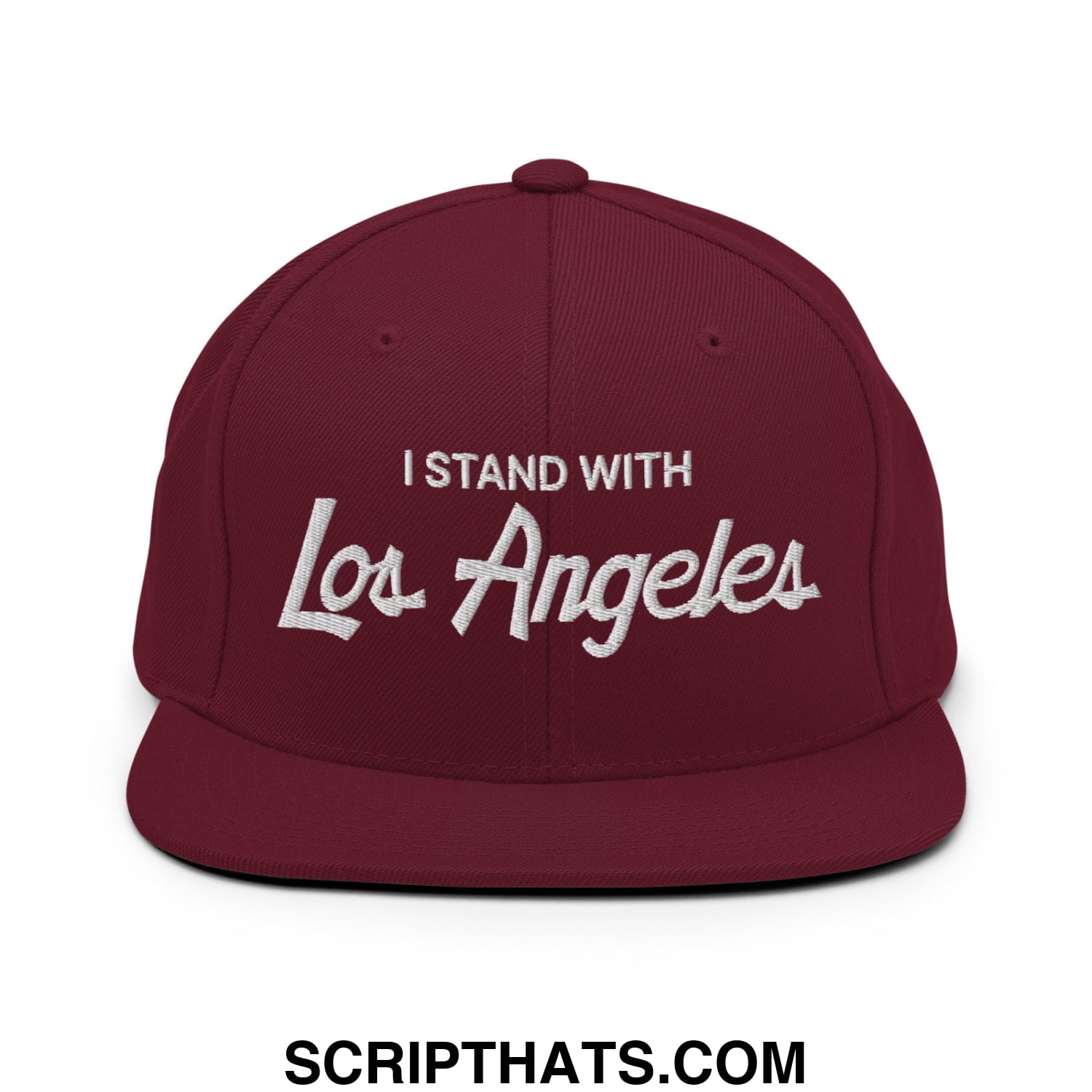 Maroon snapback hat with white embroidered i stand with los angeles text flat bill brim vintage sports style