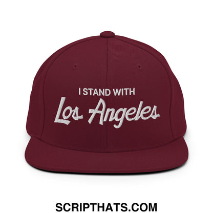Maroon snapback hat with white embroidered i stand with los angeles text flat bill brim vintage sports style