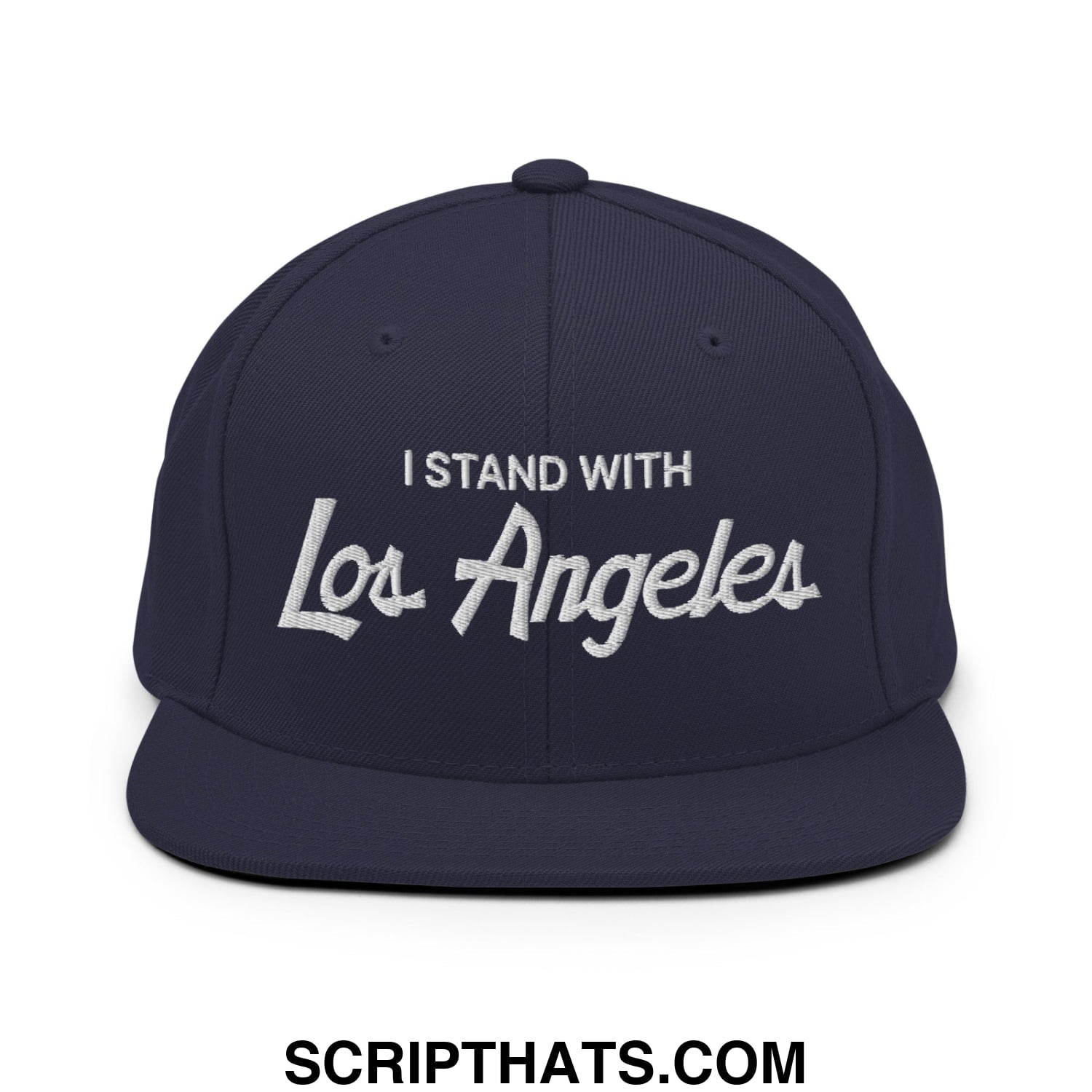 Navy blue snapback hat with white embroidered i stand with los angeles script on front flat bill brim design