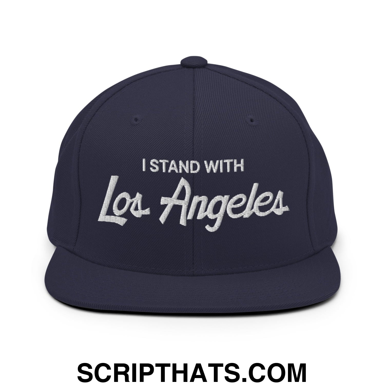 I Stand With LA Los Angeles Vintage Sports Script Embroidered Flat Bill Brim Snapback Hat Navy