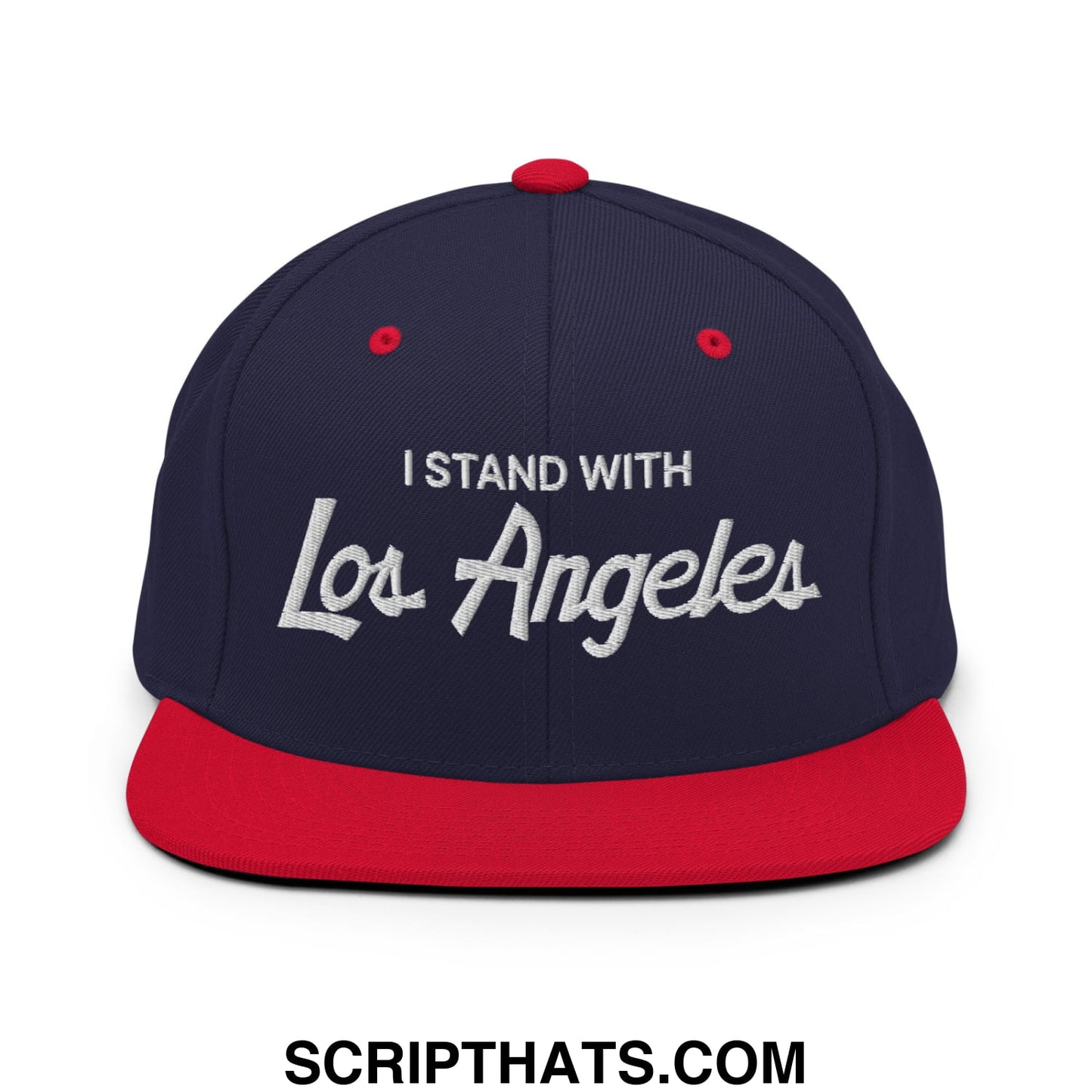 Navy blue and red snapback cap with white embroidered i stand with los angeles text and flat bill brim