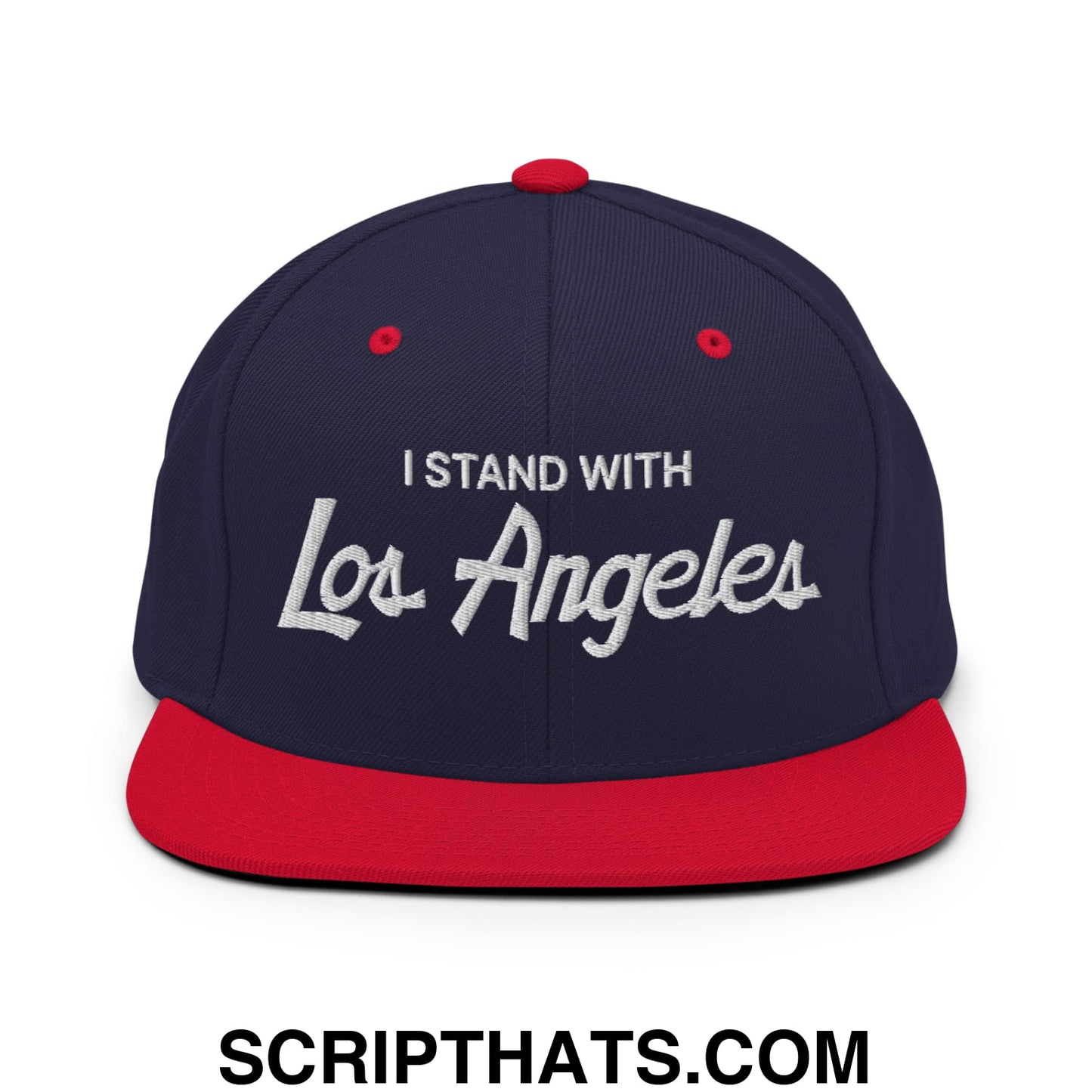 I Stand With LA Los Angeles Vintage Sports Script Embroidered Flat Bill Brim Snapback Hat Navy Red