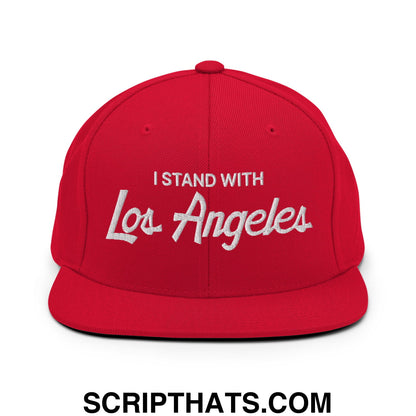 I Stand With LA Los Angeles Vintage Sports Script Embroidered Flat Bill Brim Snapback Hat Red