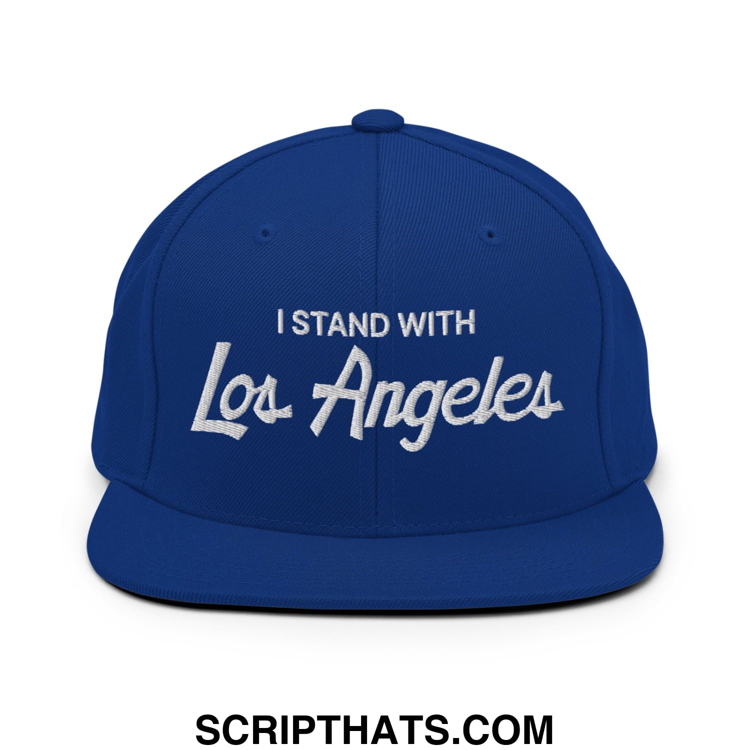 Royal blue snapback hat with white embroidered i stand with los angeles vintage sports script and flat bill brim