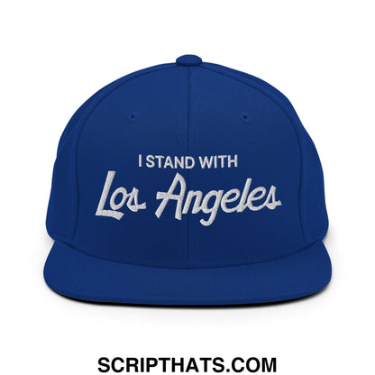 Royal blue snapback hat with white embroidered i stand with los angeles vintage sports script and flat bill brim