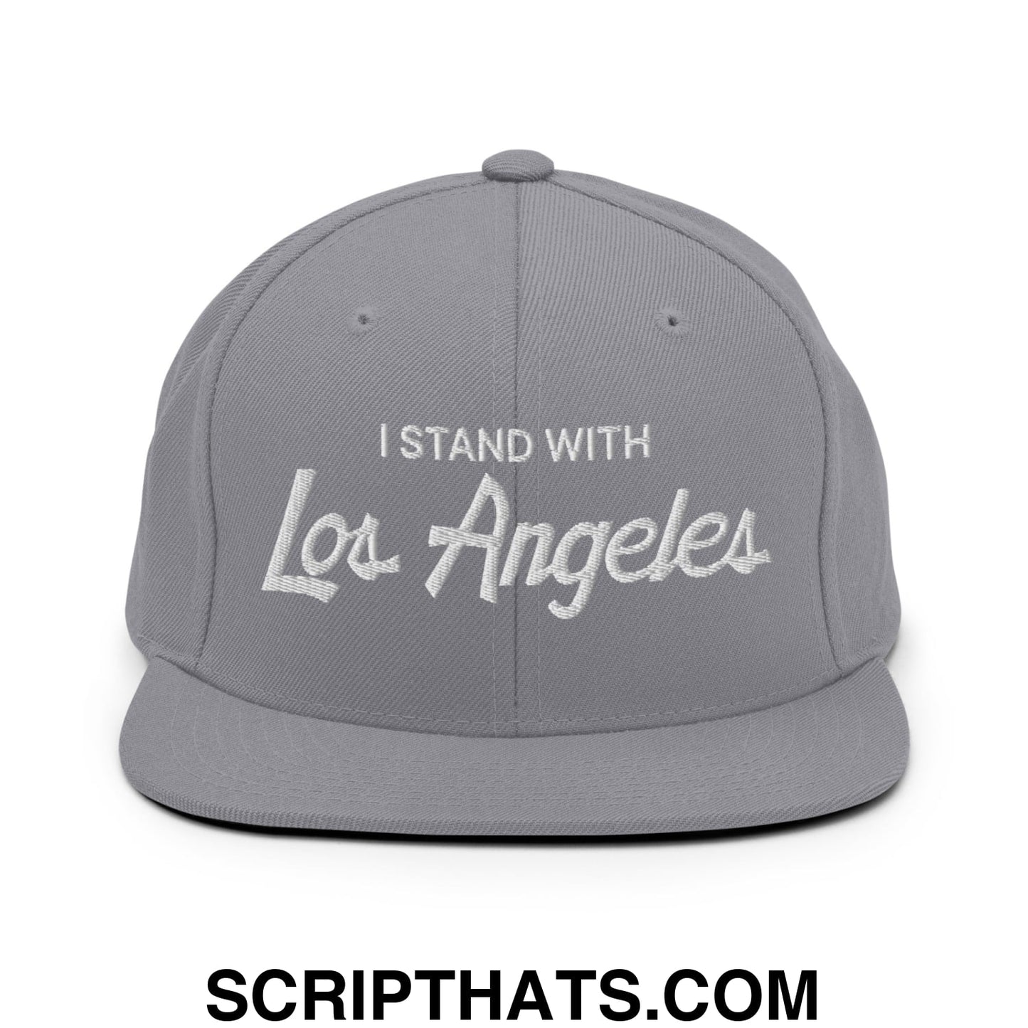 I Stand With LA Los Angeles Vintage Sports Script Embroidered Flat Bill Brim Snapback Hat Silver