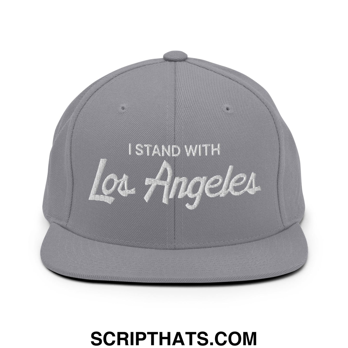 Gray snapback hat with white embroidered i stand with los angeles text and flat bill brim in vintage sports style