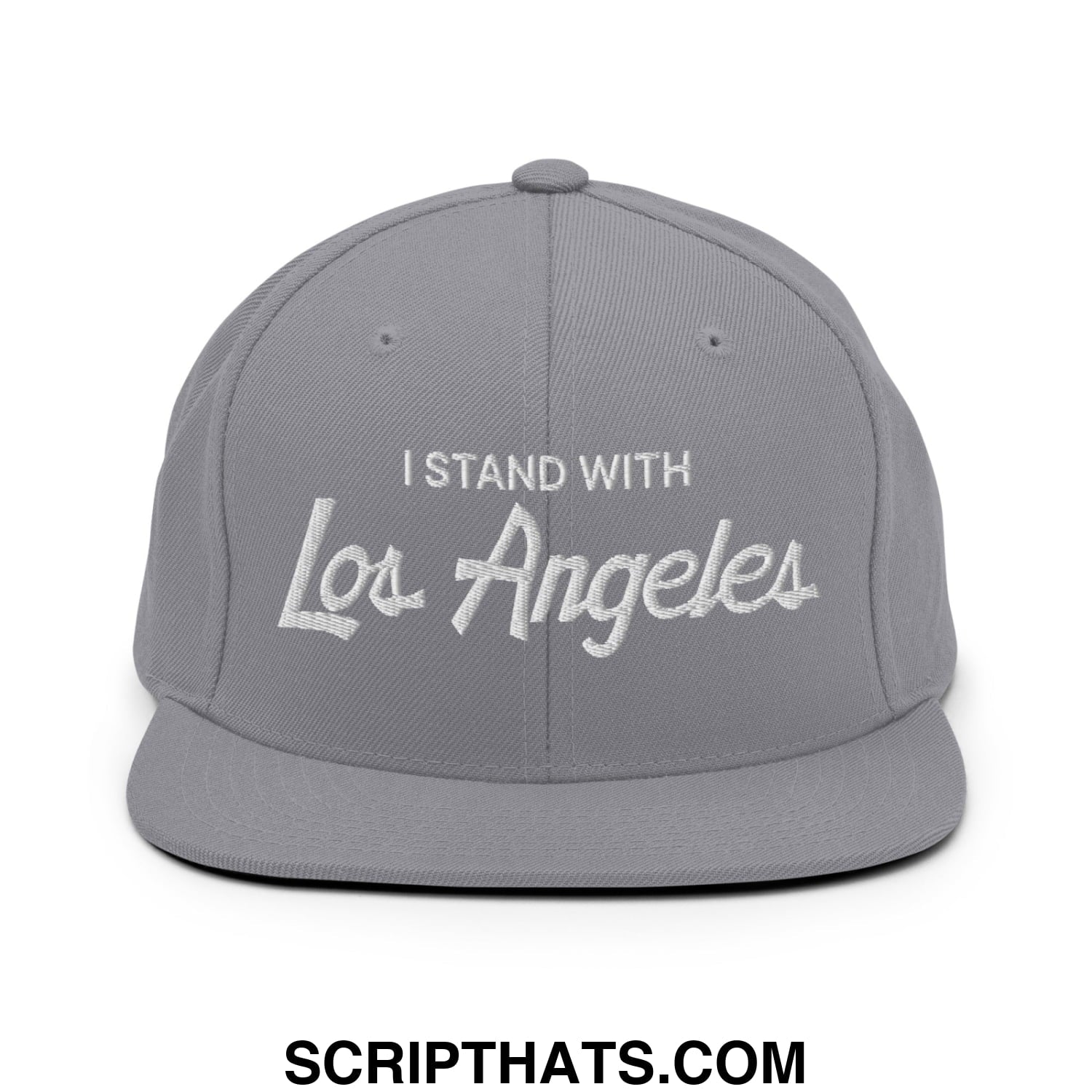 Gray snapback hat with white embroidered i stand with los angeles text and flat bill brim in vintage sports style