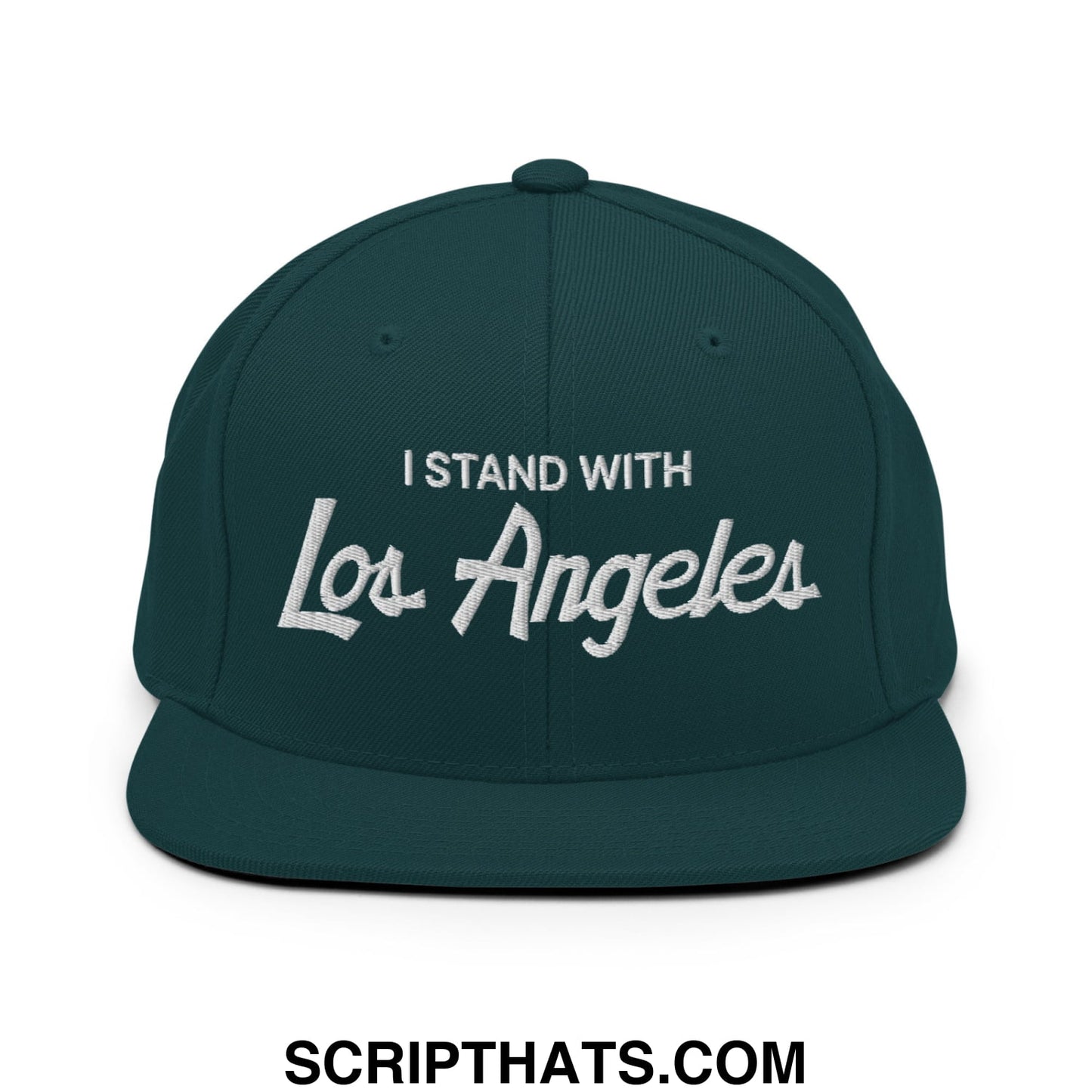 Dark green snapback cap with white embroidered i stand with los angeles text featuring a flat bill brim design