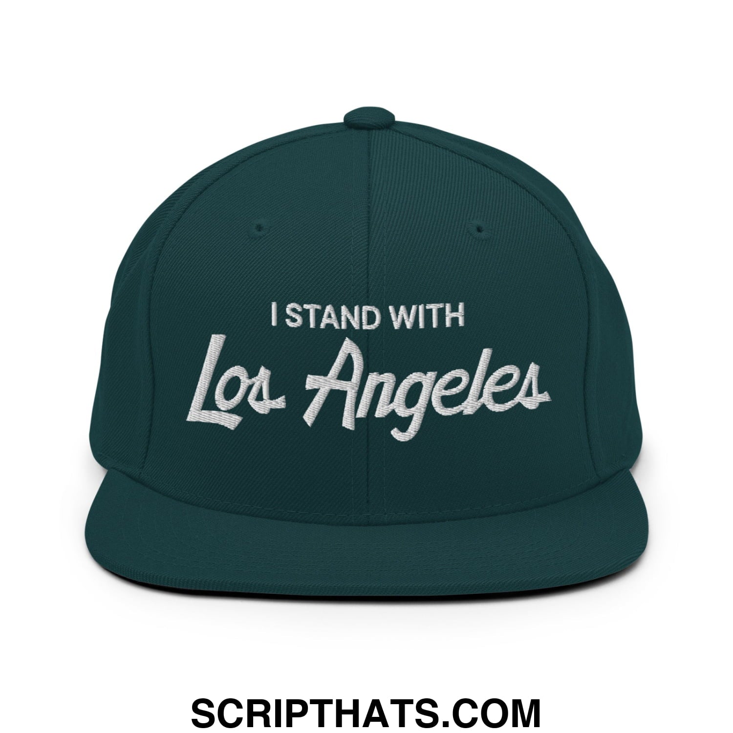 Dark green snapback cap with white embroidered i stand with los angeles text featuring a flat bill brim design