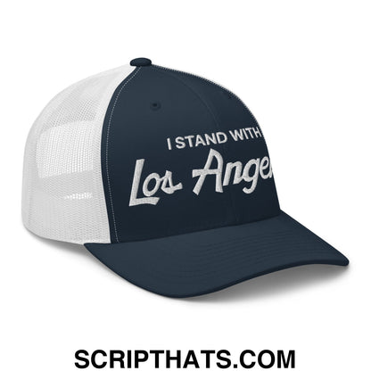 Navy blue and white mesh trucker hat with embroidered I stand with Los Angeles vintage sports script text