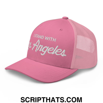 Pink mesh trucker hat with silver embroidered i stand with los angeles vintage sports script on the front