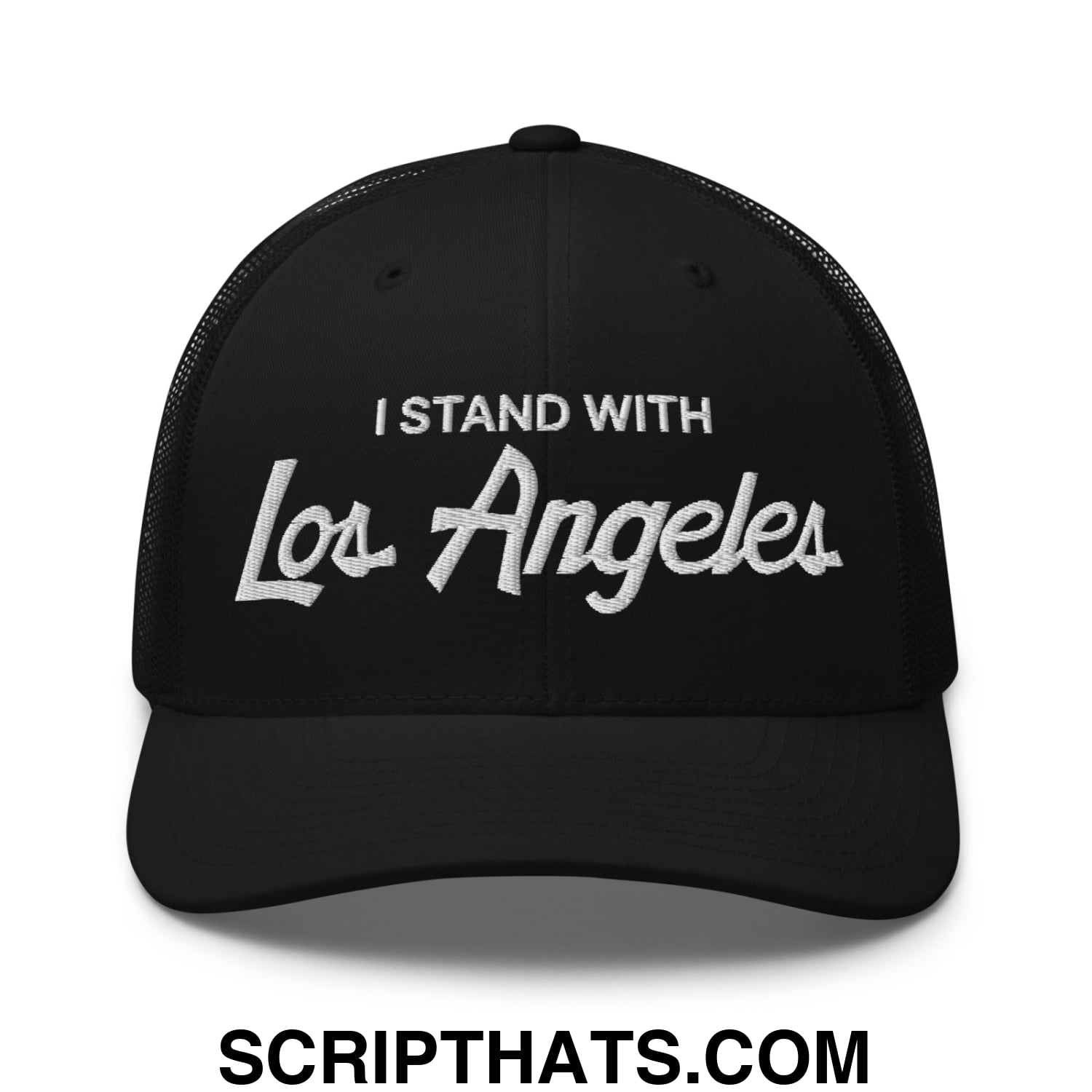 Black mesh trucker hat with white embroidered i stand with los angeles vintage sports script on front panel