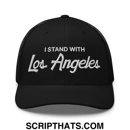 Black mesh trucker hat with white embroidered i stand with los angeles vintage sports script on front panel